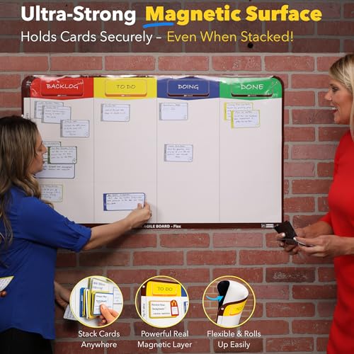 PMXBOARD 4-Column Magnetic Kanban Board Kit – Board + 64 Magnetic Cards | Flex Dry Erase Scrum & Project Planning Whiteboard