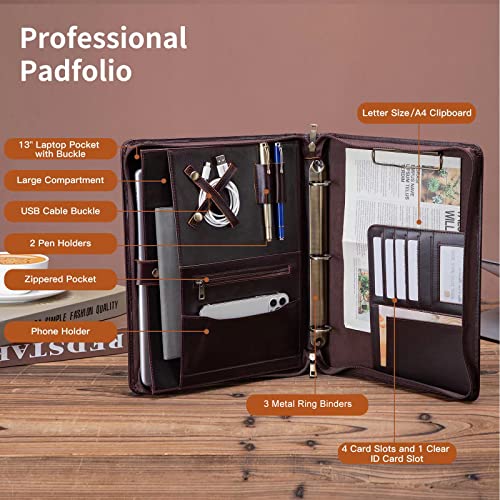 Geslun Personalized Leather Portfolio 3 Ring Binder with Handle and Clip