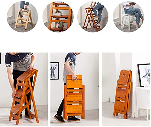 LWJQRSP Folding 3-Step Ladder Stool, Multifunction Wood Step Stool, 3-in-1 with Ladder, Stool and Storage Shelf, (A)