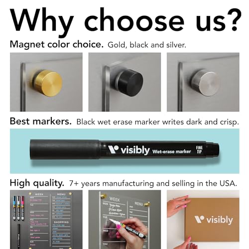Visibly Magnetic Acrylic Meal Planner, Menu & Shopping List Board for Fridge, 9” x 12” Clear Refrigerator Organizer, Includes 4 Magnetic Wet-Erase Markers, Black Corner Magnets