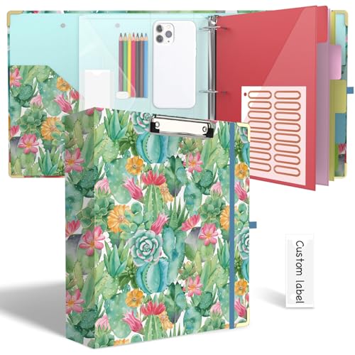 3 Ring Binder 2 Inch for Letter Size 8.5" x 11" Paper, Clipboard Binder with 5 Tabbed Dividers with Pockets, Plastic Folder and 40 Divider Stickers, School and Office Supplies, Cactus Flowers