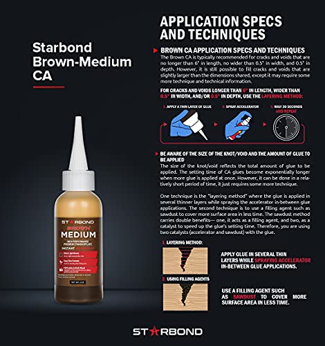 Premium Grade Cyanoacrylate (CA) Super Glue by STARBOND - 16 OZ Complete Refill KIT (453-gram) - Light Brown Medium Crack Filler 150 CPS Viscosity Adhesive for Woodworking, Woodturning, Carpentry