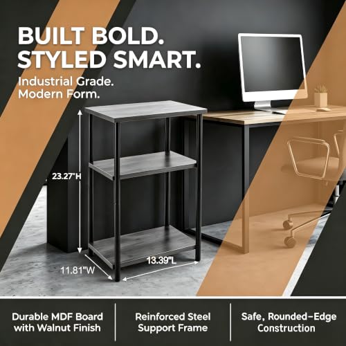 HULKFIT Sturdy 3-Tier Storage Shelf, Adjustable Utility Rack with High Load Capacity, Easy Assembly Side Table, Multi-Purpose Display Stand for Books, Plants, and Kitchenware, Grey