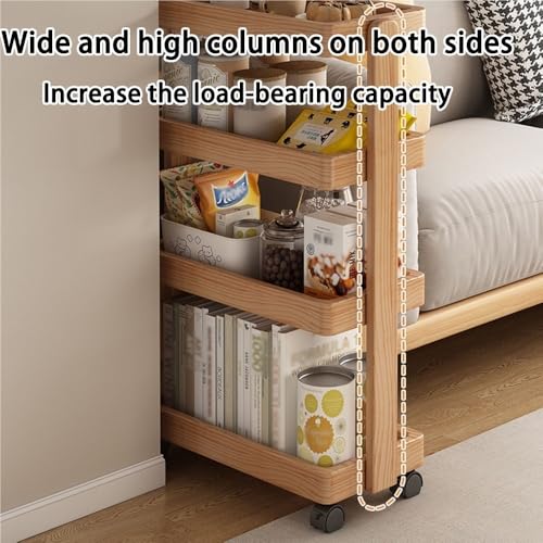 Joaaea Solid Wood Rolling Cart,4-Layer with Wheels 110LBS Heavy Duty,Snack/Book Storage,Floor-Standing for Bedroom Living Room(Natural,60cm-23.6in)