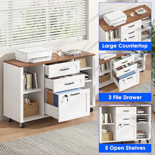 kepptory 3 Drawer Wood Mobile Large lateral File Cabinet with Lock, Lockable Rolling Filing Cabinet with Open Storage Shelves, Printer Stand Office Storage for Home Office Fits Files Legal/A4, White