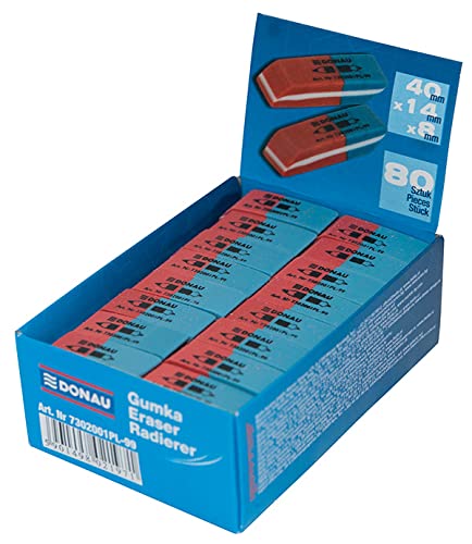 Donau 7302001PL-99 Eraser/Pack of 80 / Colour: Blue/Red/Eraser for Pencils and Ballpoint Pens/Made of High-Quality Rubber/Can be Used on Both Sides / 40 x 14 x 8 mm