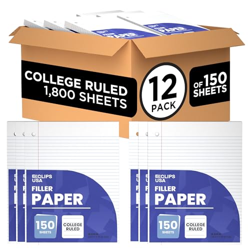 Loose Leaf Paper College Ruled Notebook Paper College Ruled Lined Paper Writing Paper Filler 10.5” x 8” 1800 Sheets 150 Sheets Per Pack 60 gsm (12 Pack)