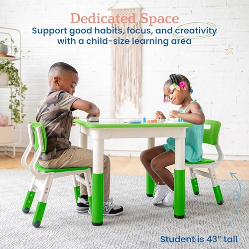 ECR4Kids Dry-Erase Square Activity Table with 2 Chairs, Adjustable, Kids Furniture, Grassy Green, 3-Piece