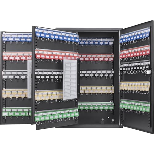 Barska 300 Position Key Lock Box – Wall Mount Key Cabinet with Numbered Hooks, Key Log Sheet, Colored Key Tags, Labeled Shelves, Solid Steel Construction – Secure Key Organizer Cabinet Key Box