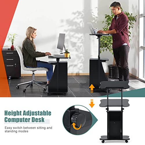 COSTWAY Mobile Lectern Podium Stand, Rolling Laptop Cart w/ 180° Tilting Tabletop, Storage Compartments & Lockable Casters, Sit-to-Stand Computer Workstation for Home, Office, School (Black, Set of 1)