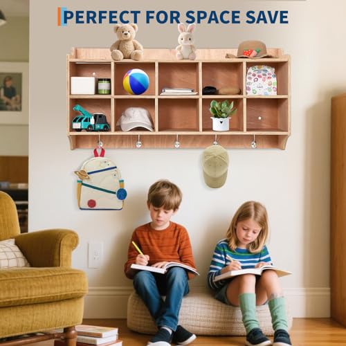 FinerFurnis Hanging Coat Locker with 10 Cubby Storage Organizer Cubes, Daycare Shelves with Hooks and Shelf, Durable Furniture for Kids Toys and Classroom, Natural Wood Finish