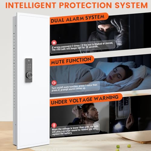 kavey 53.15" Wall Safe Between the Studs, Digital Hidden Safe with LCD Backlit Keypad, Large Wall Gun Safe with 5 Adjustable Shelves & Magnetic Slot for Home (White-Digital)