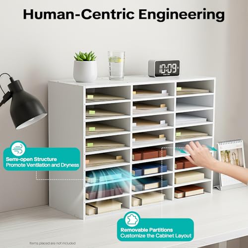 YYHGTRD 24 Slot Mail Sorter Organizer, Freestanding File Folder Storage Rack with Removable Shelves, Large Capacity Document Holder for Office Home Classroom, White PVC Literature Organizer