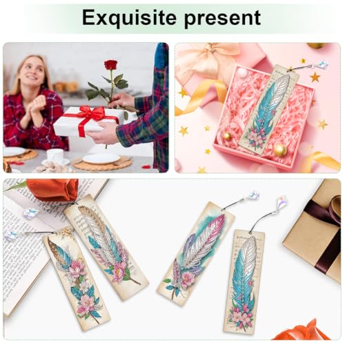 4Pcs Feather DIY Diamond Art Painting Bookmark