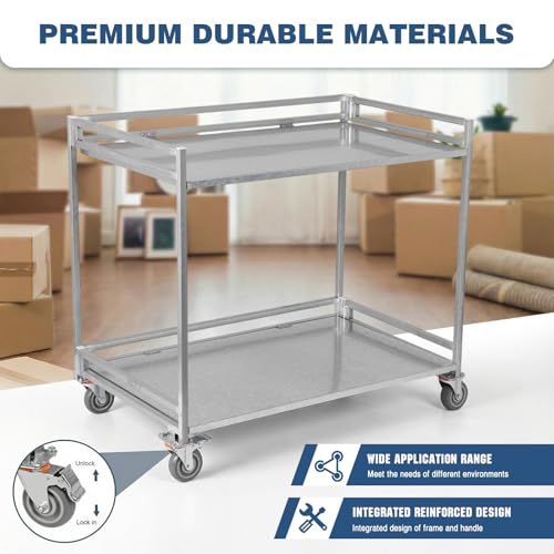 2-Shelf Utility/Service Cart Metal Rolling Storage Cart with Wheels 660lbs Capacity with Handle for Warehouse/Garage/Cleaning/Manufacturing