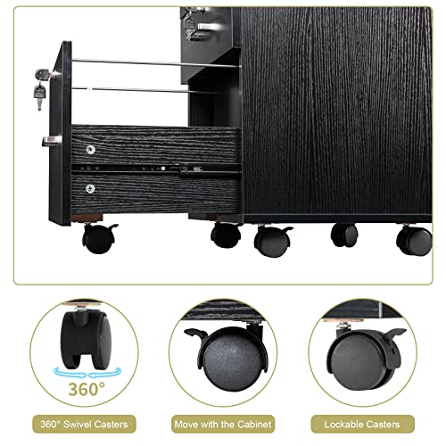 Black Cabinet with Wheels, Rolling Cabinet 15.7" L x 15.7" W x 26" H Drawer Mobile File Cabinet with Lock, Under Desk Filing Cabinet,Mobile Under Desk Organizer Wooden