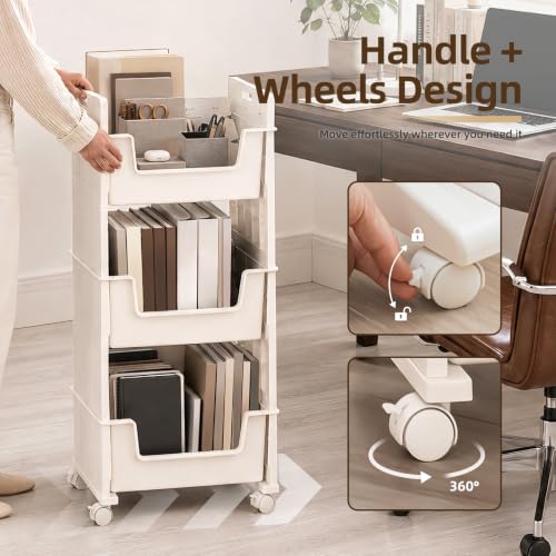 Rolling Book Cart with Silent Wheels，Rolling Bookshelf Library Book Truck