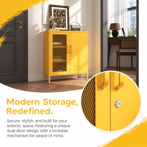 Yellow Lockable Mesh & Metal Door Storage Cabinet, 3-Tier Heavy Duty Steel Locker with 2 Adjustable Shelves, Accent Cabinet for Living Room, Home Office, 33" H x 29.5" W x 13.8" D