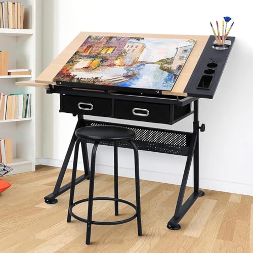 LALFPET Adjustable Height Drafting Table – 0-75° Tilting Oak Tabletop, 2 Storage Drawers, Stool – Multipurpose Artist Desk for Drawing, Painting, Crafting, Writing – Natural Wood Color