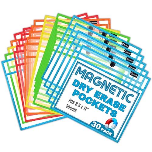 Two Point Magnetic Dry Erase Pockets (30-Pack) - Landscape - Clear Dry Erase Pocket Sleeves, Job Shop Ticket Holders, Clear Paper Sleeves Protectors, Magnetic Pouch