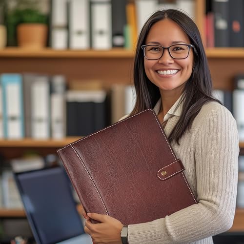 DHAMPOOH Genuine Leather Portfolio – Red Brown Professional Organizer & Resume Folder, Antique Leather Business Document Padfolio with Writing Pad, Ideal Gift for Men & Women