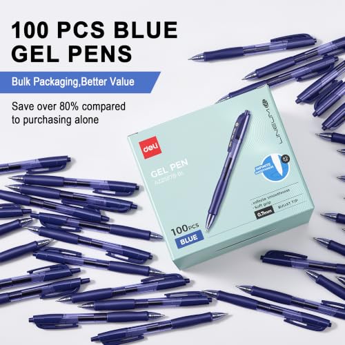 deli Pens Bulk, 100 Pcs Pens Blue Ink, Medium Point 0.7mm Gel Pens