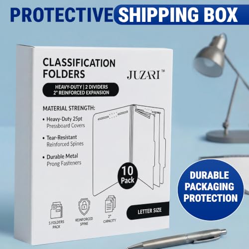 10 Pack Classification Folder Letter Size 2 Dividers - Light Blue Pressboard File Folders 8.5x11 - Two Prong Top Tab Employee Medical Chart Folders - File Organizer Divider for Medical and Office Use