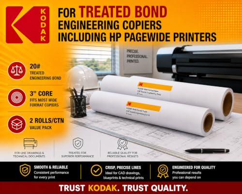 KODAK Wide Format Paper 30 x 500 FT 20# Treated Engineering Bond, 3" Core, 2 Rolls/Ctn