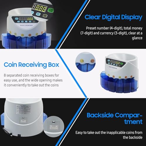 ZOCWJK 220V Electronic Coin Counter Sorter GBP 300 Coins Mini Digital Auto Counting Machine Preset/Total Money Display/Fault Self Check(