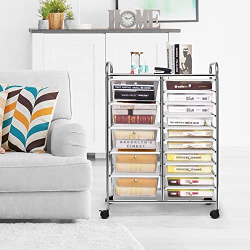DREAMADE Rolling Cart with 15 Drawers, Clear Plastic Drawer Organizer w/Lockable Wheels, Removable & 2-Sized Storage Drawers, Art Cart for School Home Art Supplies Crafts File Scrapbook (Transparent)