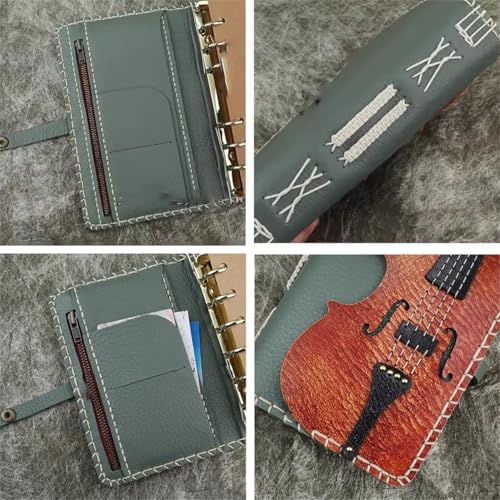 Violin Design Genuine Leather Binder Notebook, Top Layer Cowhide Handmade Journal, Vintage Loose-Leaf Planner with Multi-Pocket Organizer(A5)