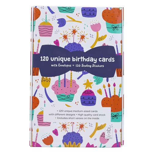 Dessie 120 Unique Happy Birthday Card Assortment 4x6 - Bulk Birthday Cards with Envelopes, Message Inside, Box & Gold Seals – Assorted Birthday Cards Multipack for Employees Men Women