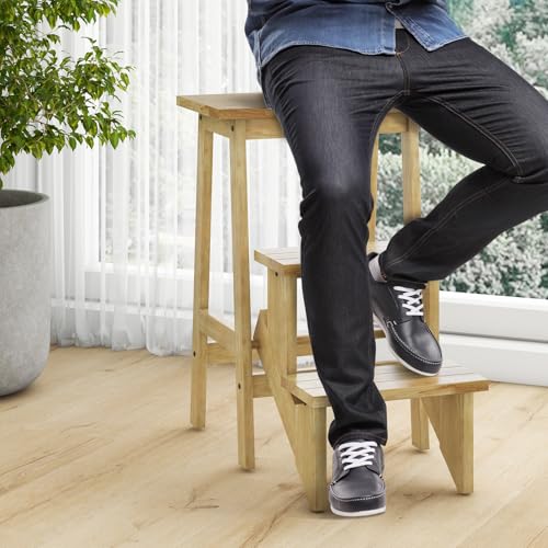 GLACER 3-Tier Folding Step Stool, Portable Wood Step Ladder for Adults & Kids, 3-in-1 Storage Shelf Flower Rack Foot Stool, Ideal for Home, Kitchen, Library (Natural)