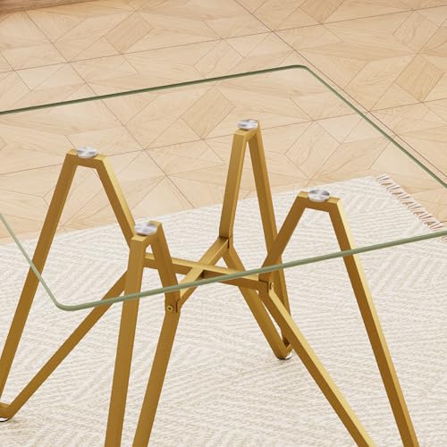 Modern Square Tempered Glass Dining Table, Clear Small Reception Table with Gold Metal Legs for Dining Room Living Room Office (35.4" Square Table)