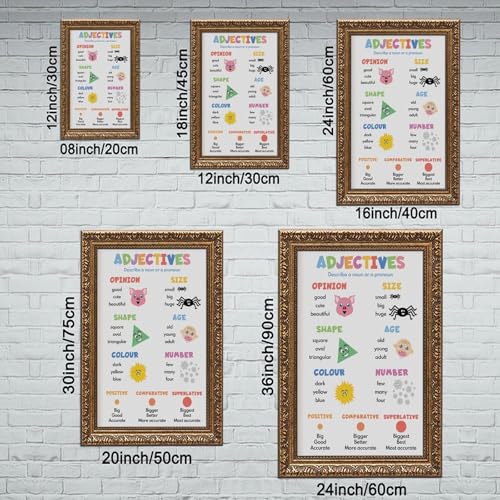 wangpaihui ADJECTIVES FOR KIDS Types of Adjectives Parts of Speech Grammar Chart Educational Poster Canvas for Classroom School Therapy Room Retro Gold Frame20 L X 30" W