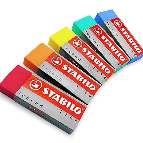 STABILO LEGEND COLOURED ERASERS PLASTIC RUBBER ERASERS 5 Pack [1 of each Colour]
