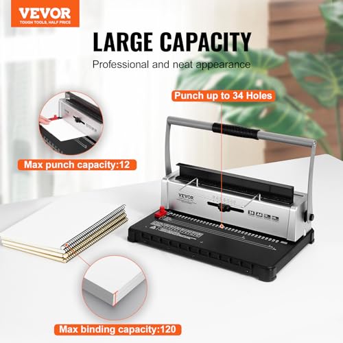 VEVOR Coil Binding Machine, Manual Book Maker 34-Holes Binding 120 Sheets, Punch Binder with Adjustable Side Margin, for Letter Size, A4, A5