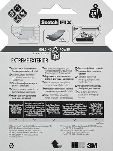 Scotch-Fix Double-Sided Extreme Exterior Mounting Tape - 1 Roll (19mm x 5m) - for Outdoor Extreme Use, Weather Resistant, Permanent Tape, 100% Adhesive, 3M Advanced Technology - Holds up to 13kg