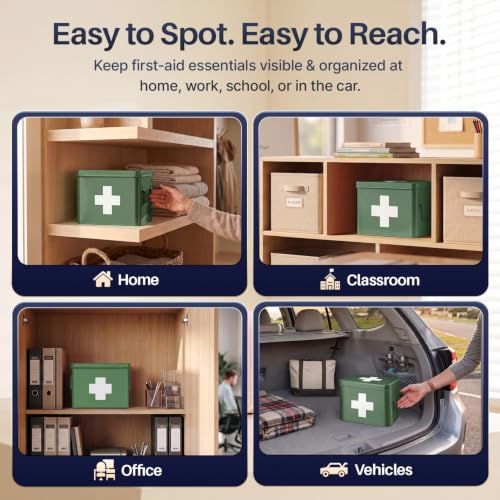 Flexzion Large Metal First Aid Box Empty, 8.5-Inch, Green with White Cross