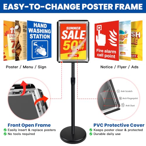 VAIIGO 3 Pack 8.5x11 Inch Sign Holder Stand, Adjustable Pedestal Sign Stand, Heavy Duty Floor Standing Sign Holder, Aluminum Snap Open Frame Poster Stand, Vertical & Horizontal Display (Black)
