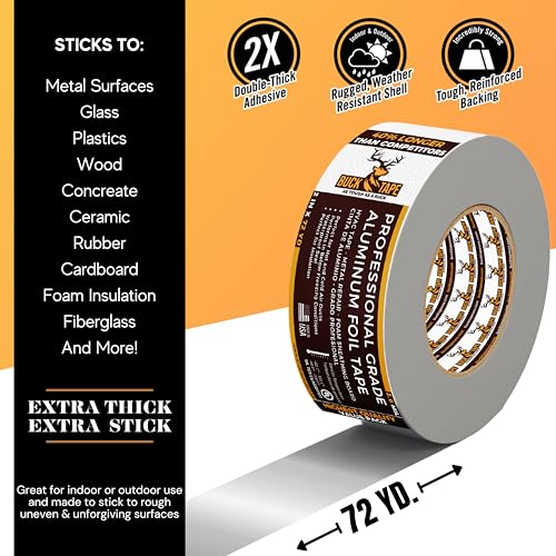 4 Pack Buck Aluminum Foil Tape – 3 Inch x 216ft (72 yd), 3.6 Mil – HVAC Tape for Ductwork, AC, Dryer Vents & Insulation – Silver Foil Tape for Metal Repair, Exhaust Sealing & Air Conditioning