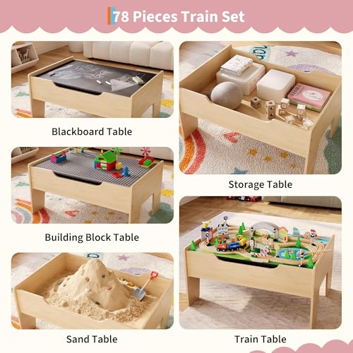 IDEALHOUSE 78-Piece Wooden Train Table Set for Kids – Reversible Top