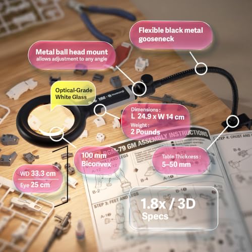 OHBIG 1.8X/3D K9 White Glass LED Magnifier x MADWORKS, w/Desk Clamp Kit