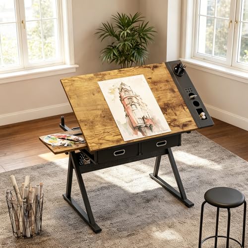 Japovker Artist Drawing Desk, Tilting Drafting Table with Adjustable Height 0-75° – 2 Drawers & Side Storage with Stool for Home Studio, Art Class, Designers (Brown+Black)