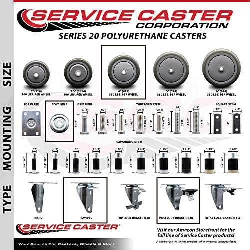 Polyurethane Swivel Bolt Hole Caster Set of 4 w/4" x 1.25" Gray Wheels - Includes 4 Swivel with Posi Lock Brakes - 1400 lbs Total Capacity - Service Caster Brand