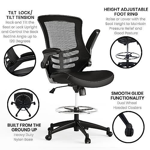 BizChair Mid-Back Black Mesh Ergonomic Drafting Chair with LeatherSoft Seat, Adjustable Foot Ring and Flip-Up Arms