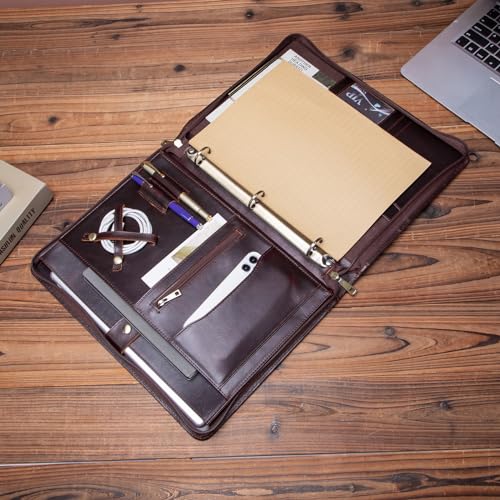 Geslun Leather Portfolio Zippered 3 Ring Binder with Hidden Handle and Clip