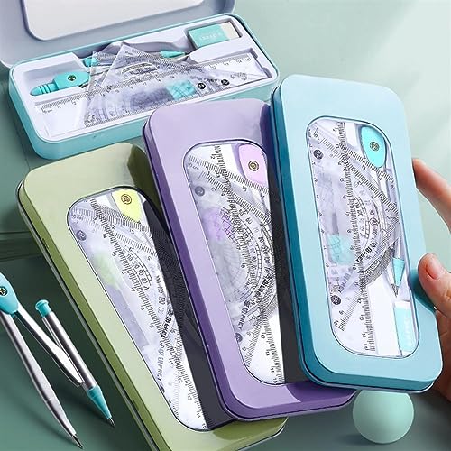 Mathematical Geometry Set 7 Pieces Math Geometry Kit Set Student Supplies School Geometry Set Including Ruler, Protractor, Compass, Lead Lead, Window Box and Eraser etc Ruler Compass Set(Purple)