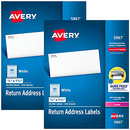 Avery® Printable Return Address Labels with Sure Feed, 0.5" x 1.75", White, 2 Packs, 40,000 Blank Mailing Labels Total (21921)