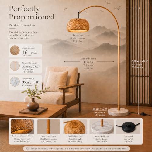 MIXL Large Bamboo Arc Floor Lamp,Boho Style,for Living Room and Bedroom